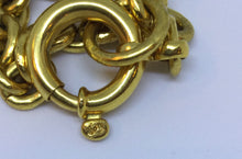 Load image into Gallery viewer, 94A Vintage Chanel poured glass Cabechon stones Cross Tassel CC Pendant tassel Necklace Red Green Gold Metal