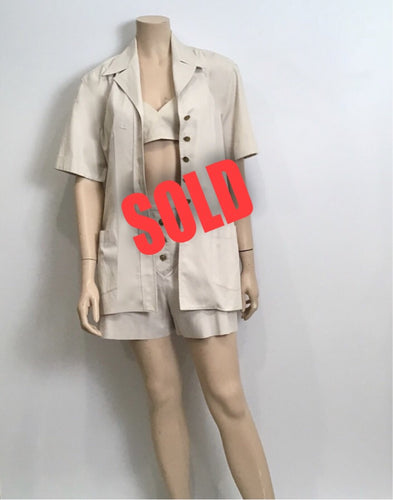 1980 Vintage Chanel Khaki Safari Shorts Cropped Bra Top Jacket Cotton Extremely Rare 3 Piece Set US 4/6