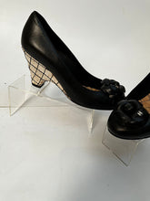 Load image into Gallery viewer, Chanel 14C 2014 Cruise Resort black leather camellia cork heel wedges EU 38C US 7.5B/8