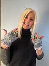 Load image into Gallery viewer, Rare Chanel 2014 14P tweed metallic silver pink chain Fingerless Gloves size 7.5