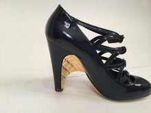 Load image into Gallery viewer, Editing Lora Layaway Chanel Navy Blue Patent Leather Quilted Gold Mary Jane Wedge Strap Heels 07A 2007 Fall Novelty Buckled Pumps EU 38 US 7/7.5