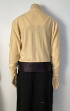 Load image into Gallery viewer, 1980’s Chanel Vintage Light Yellow Black Bicolor Wrap Sweater w/satin ribbons US 4/6/8