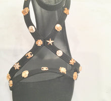 Load image into Gallery viewer, Chanel Charm Logo Black Grosgrain Strap Sandal Icon Heels EU 39.5 US 8.5/9