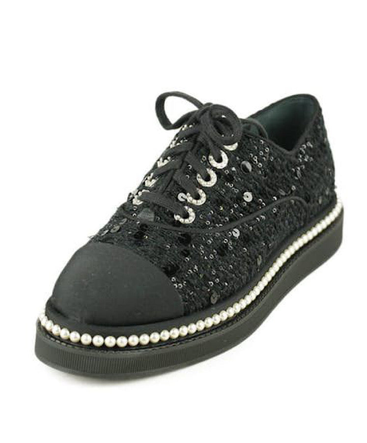 Chanel 17P 2017 Spring Black sequined Lace Up Tennis type Shoes