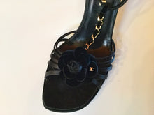 Load image into Gallery viewer, Chanel Black Camellia Flower Velvet Strap Sandal Heels EU 40 US 9.5