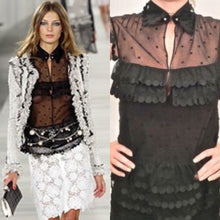 Load image into Gallery viewer, Chanel 04P 2004 Spring Black Sheer Lace Pearl Top Blouse lace, pearls,rufflesUS 6