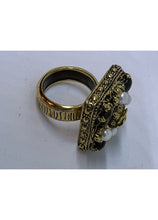 Load image into Gallery viewer, Chanel 11A 2011 Fall Square Gold Tone Pearl Red Stone Cocktail Ring Size 54 US 6 1/4