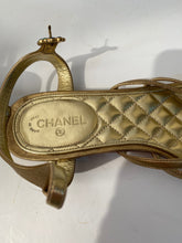 Load image into Gallery viewer, Chanel 15P 2015 Spring Gold Leather Gladiator Strap Sandals with stones EU 39.5