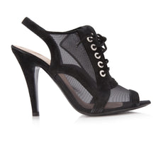 Load image into Gallery viewer, Chanel 10C 2010 Cruise Resort black velvet lace up peep toe mesh bootie sandal heels EU 38