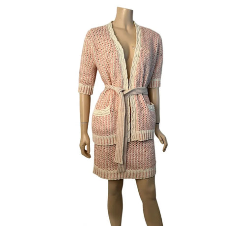 Chanel 18P 2018 Spring Pink Ivory 3 Pc Woven Cardigan Skirt Belt Skirt Set FR 36 US 4/6